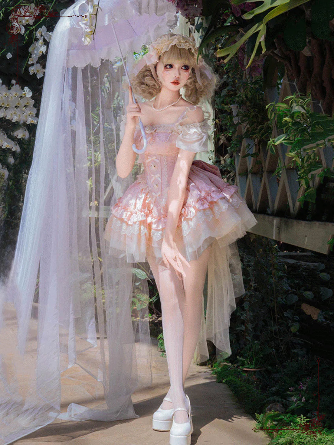 Sweet Lolita Pink Princess  Multi-Layer Ruffles Bow Lace Tie-Up Dress