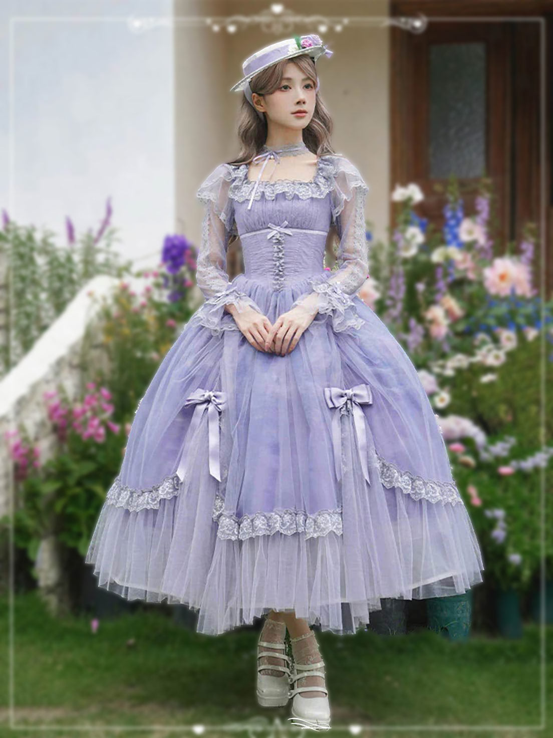 Purple Square Collar Long Sleeve Classic Lolita Sweet Ruffle Bowknot Lace