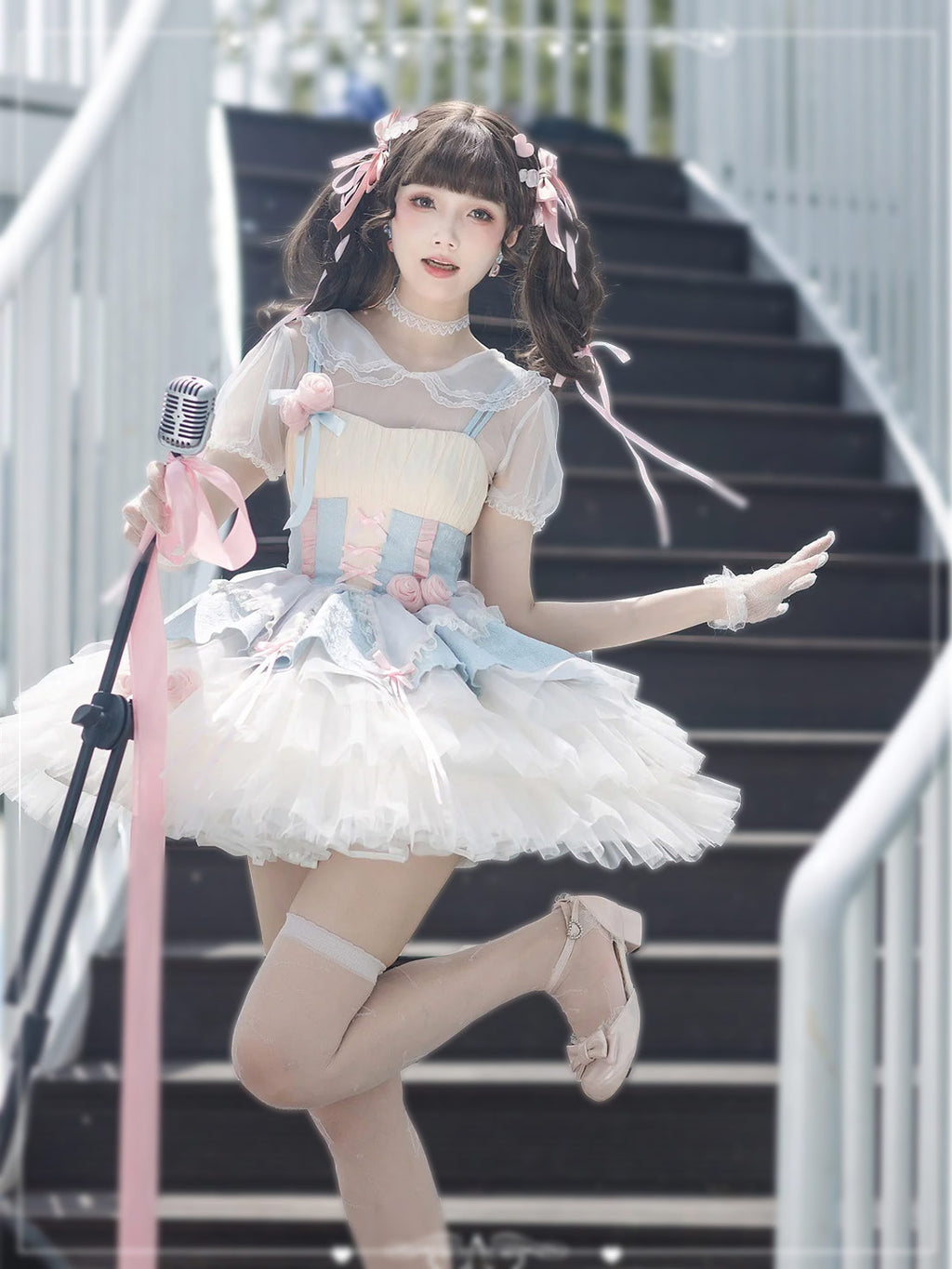 Sweet Lolita Pink Blue Ruffled Dress Lace Trim with3D Rose Embellishments