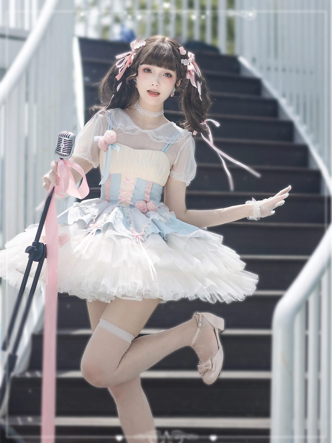 Sweet Lolita Pink Blue Ruffled Dress Lace Trim with3D Rose Embellishments