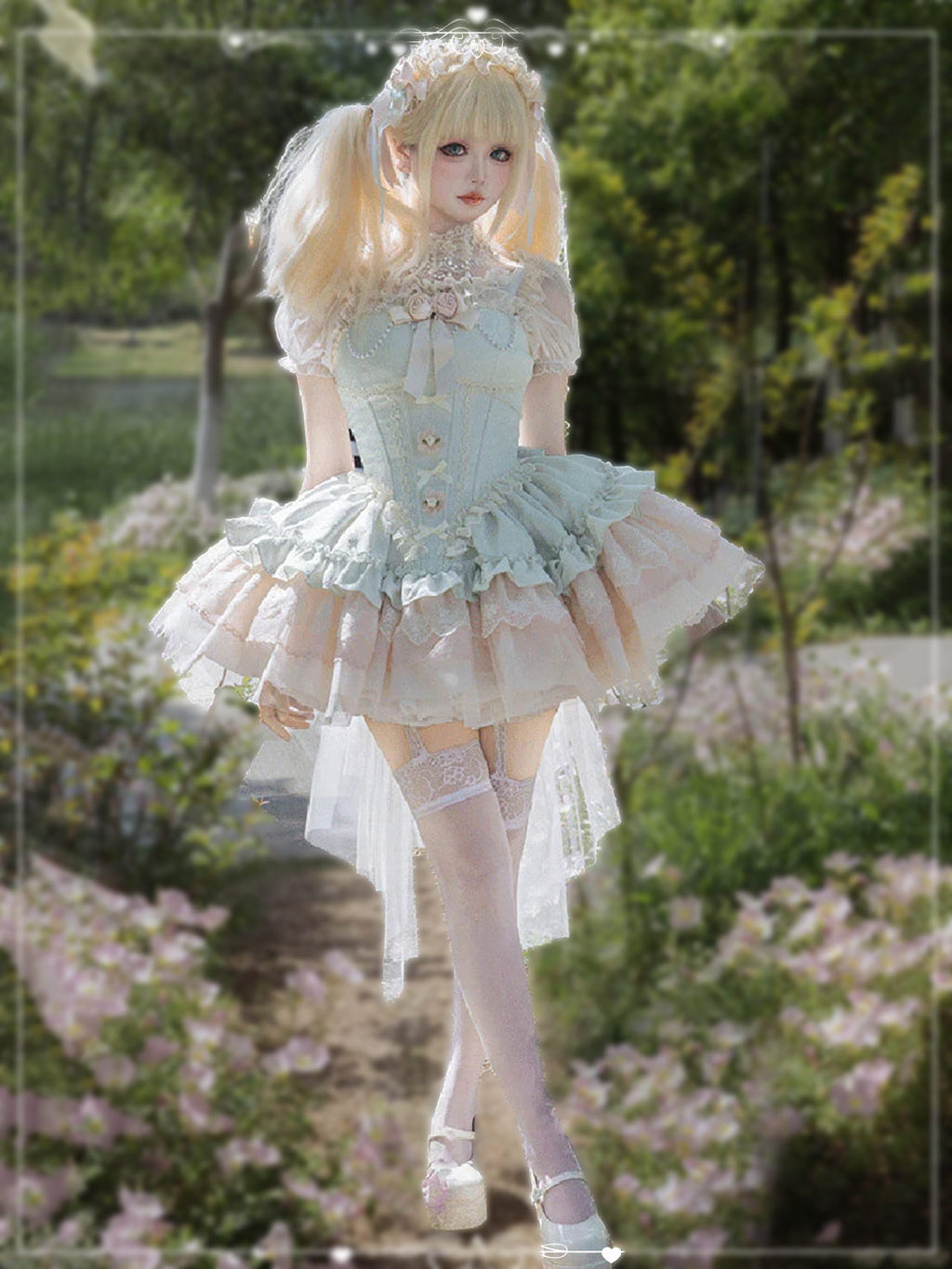 Sweet Princess Green  with Multi Layer Ruffles Delicate Bowknot Lace Dress