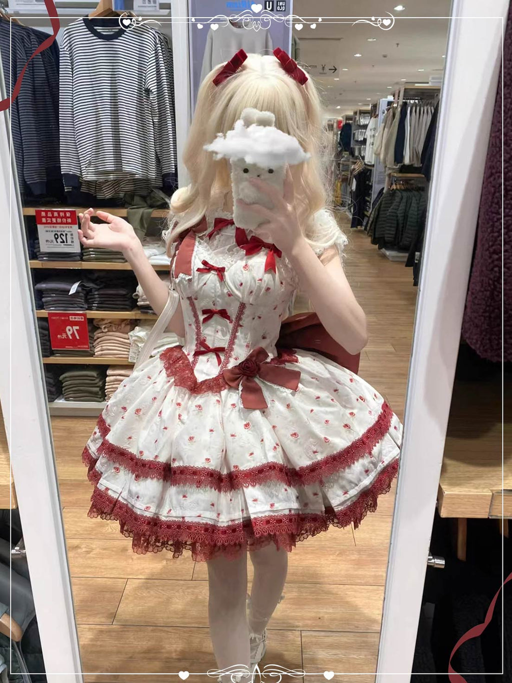 Sweet Lolita Wine Red Multi Layer Ruffle with Printed Bowknot Lace Dress