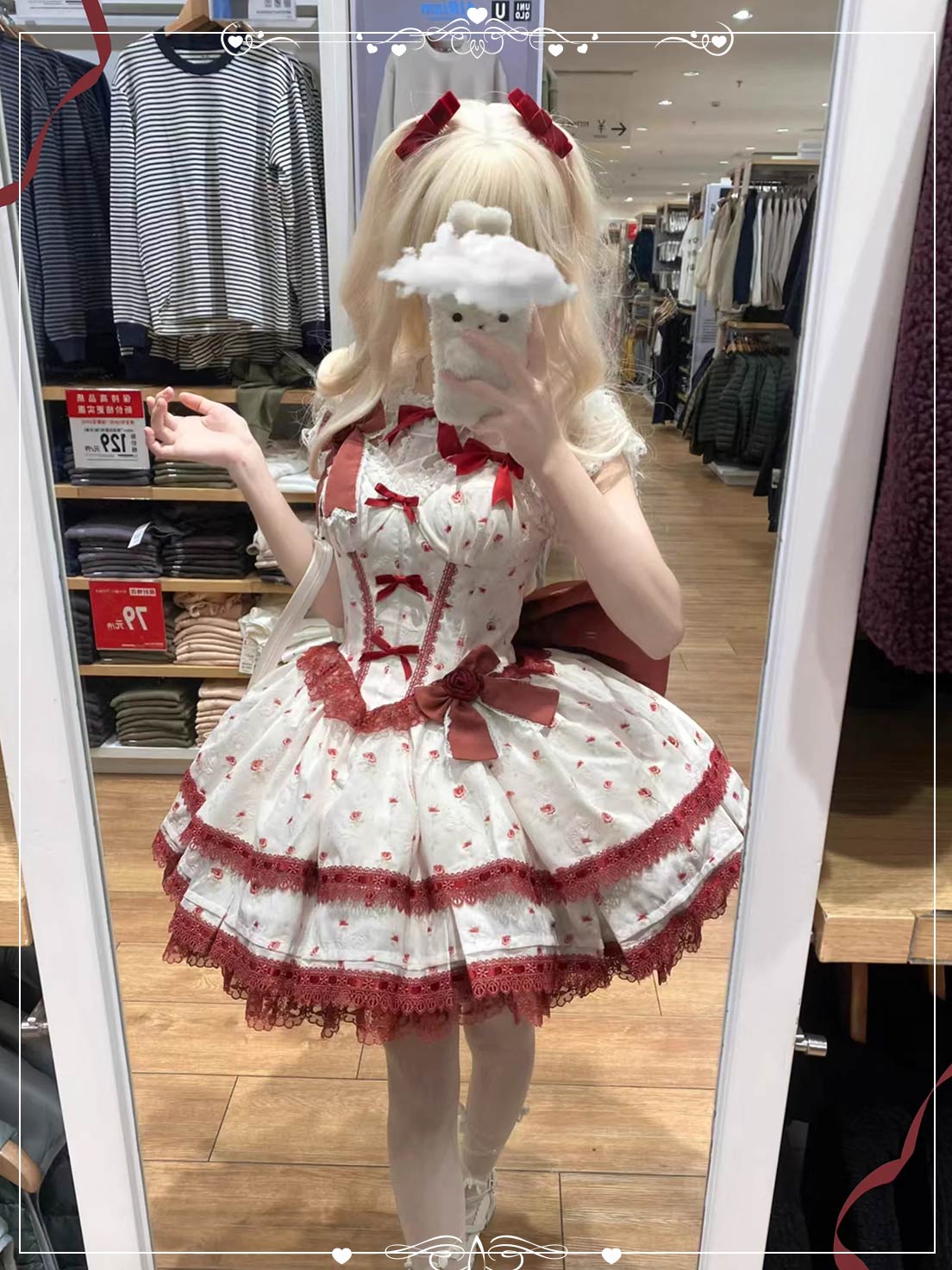 Sweet Lolita Wine Red Multi Layer Ruffle with Printed Bowknot Lace Dress