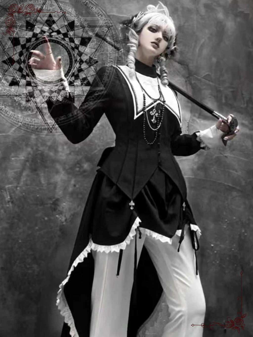 Dark Nun Style Gothic Lolita Outfit Halloween Cross Print Irregular Train Skirt