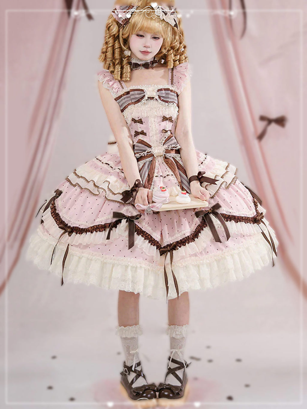 Pink Sweet Lolita Princess Cake Dress with Printed Ruffles Bowknot Delicate Lace-Up