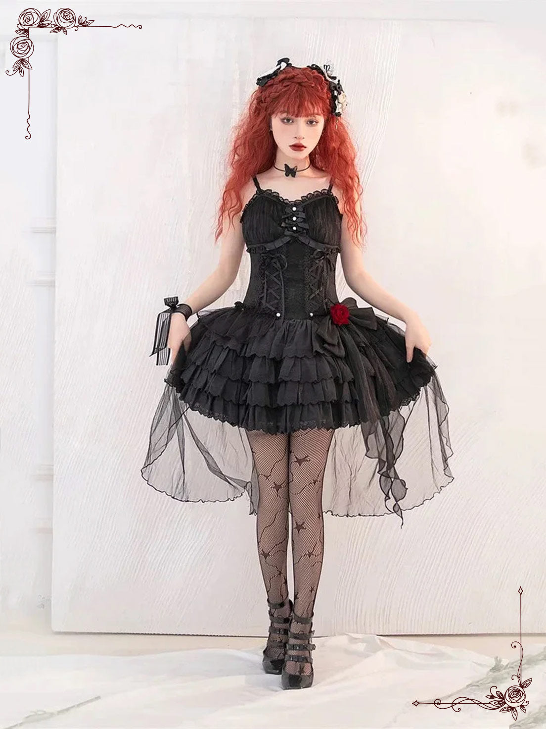 Black and White Gothic Lolita Slip Dress Ruffled Details Romantic Rose Accents