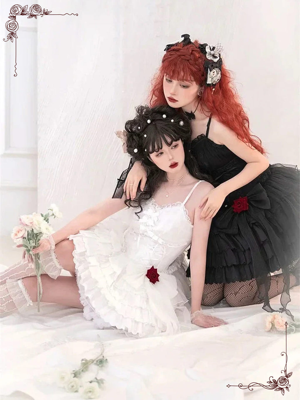 Black and White Gothic Lolita Slip Dress Ruffled Details Romantic Rose Accents