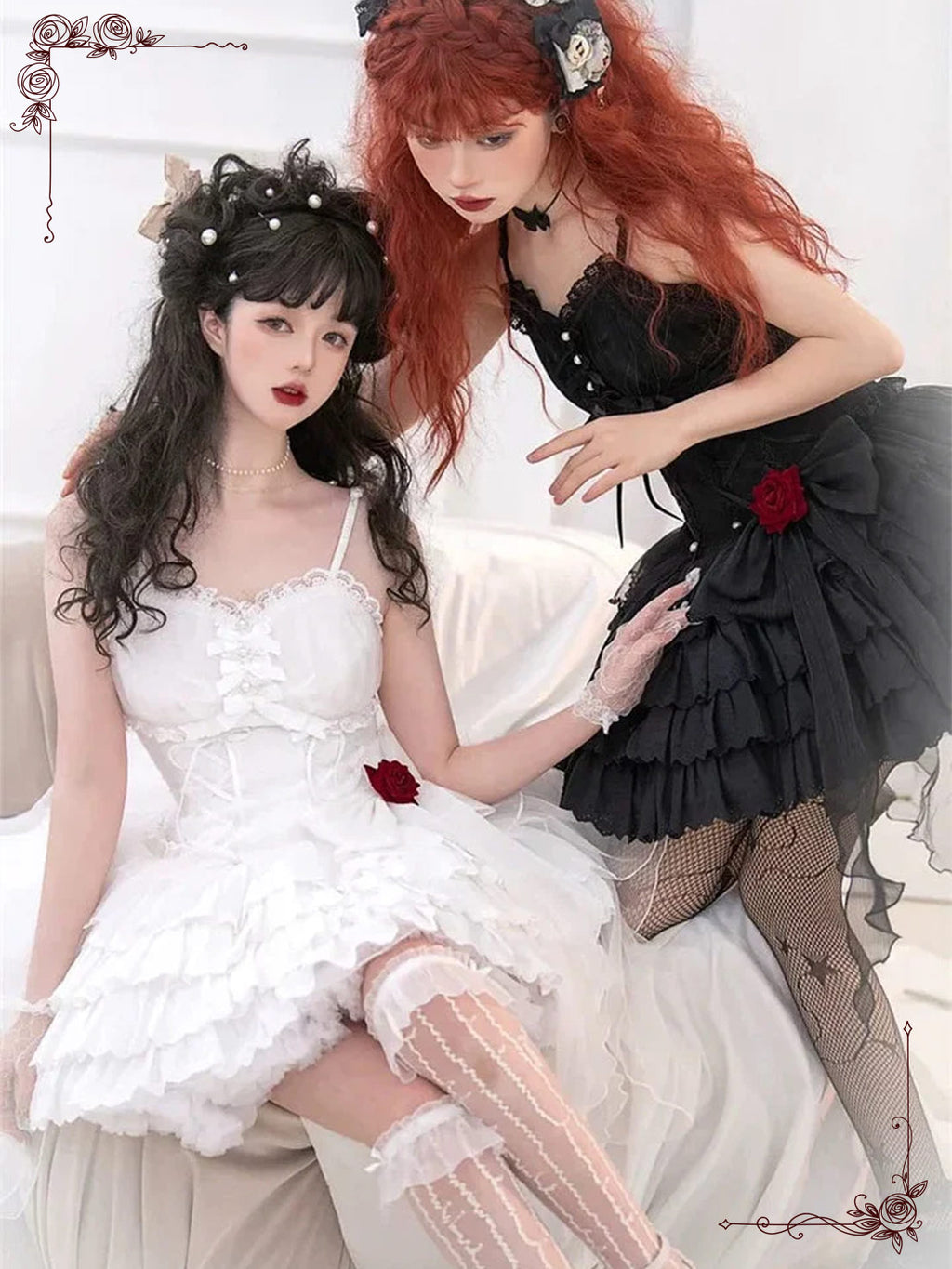 Black and White Gothic Lolita Slip Dress Ruffled Details Romantic Rose Accents