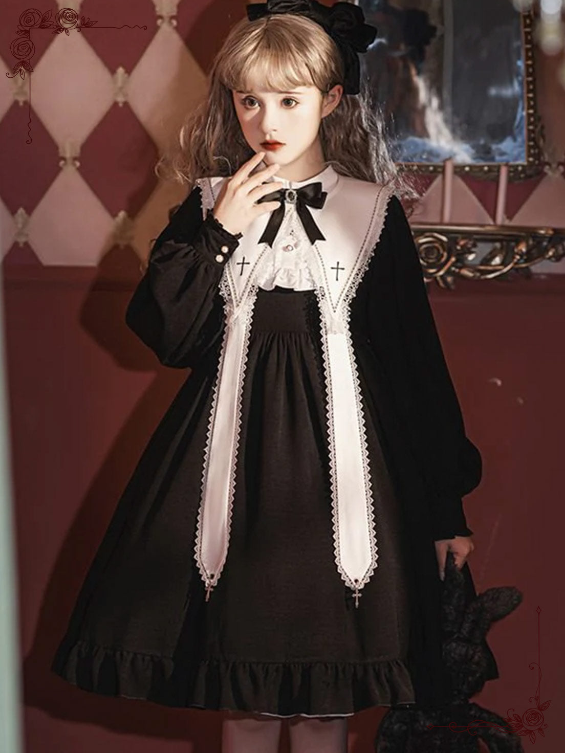 Black Gothic Lolita Long Sleeved Dress Anthem Cross Pattern for Autumn