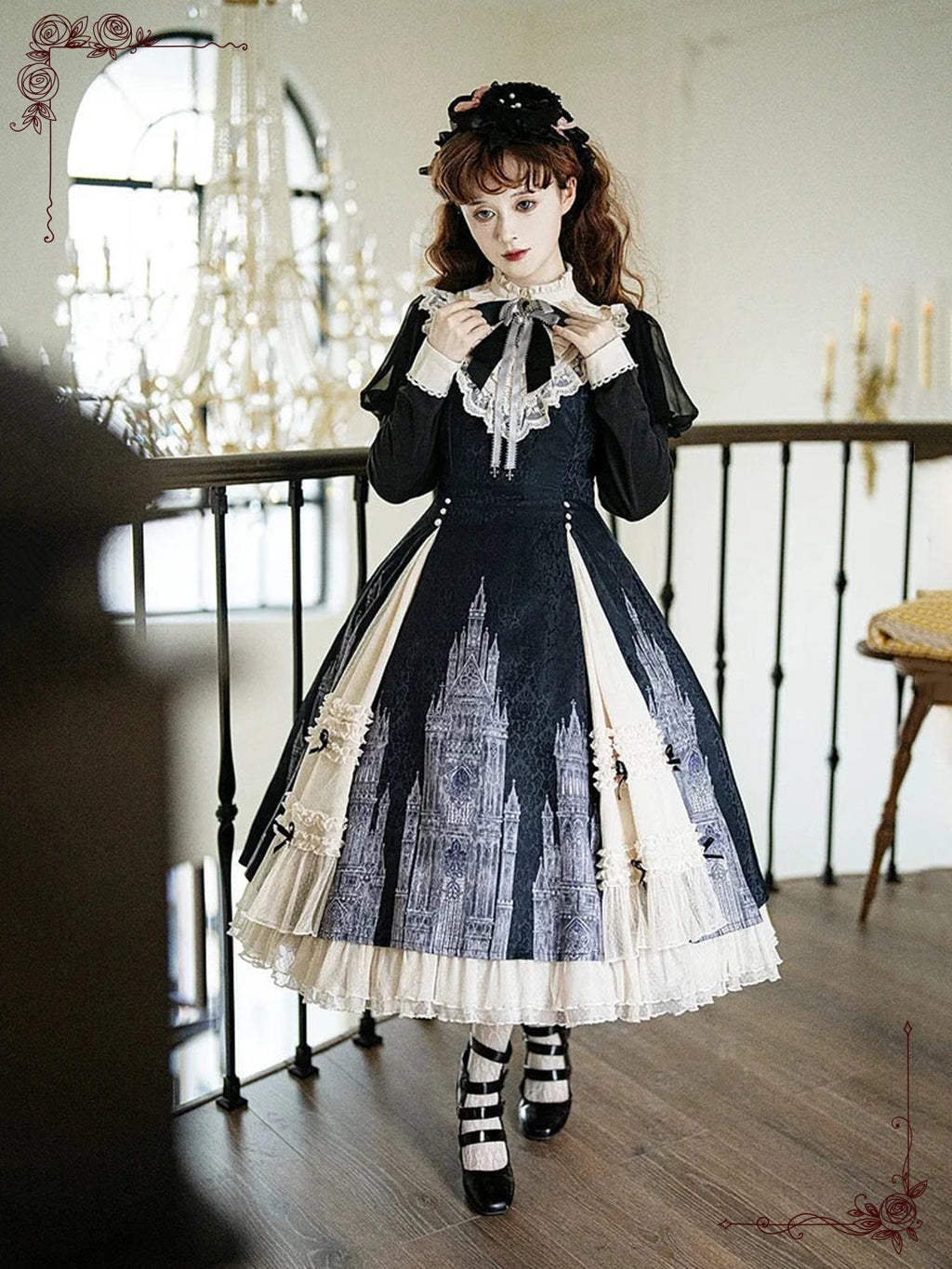 Black Gothic Lolita Long-Sleeved Maxi Elegant Ruffled Lace for Autumn