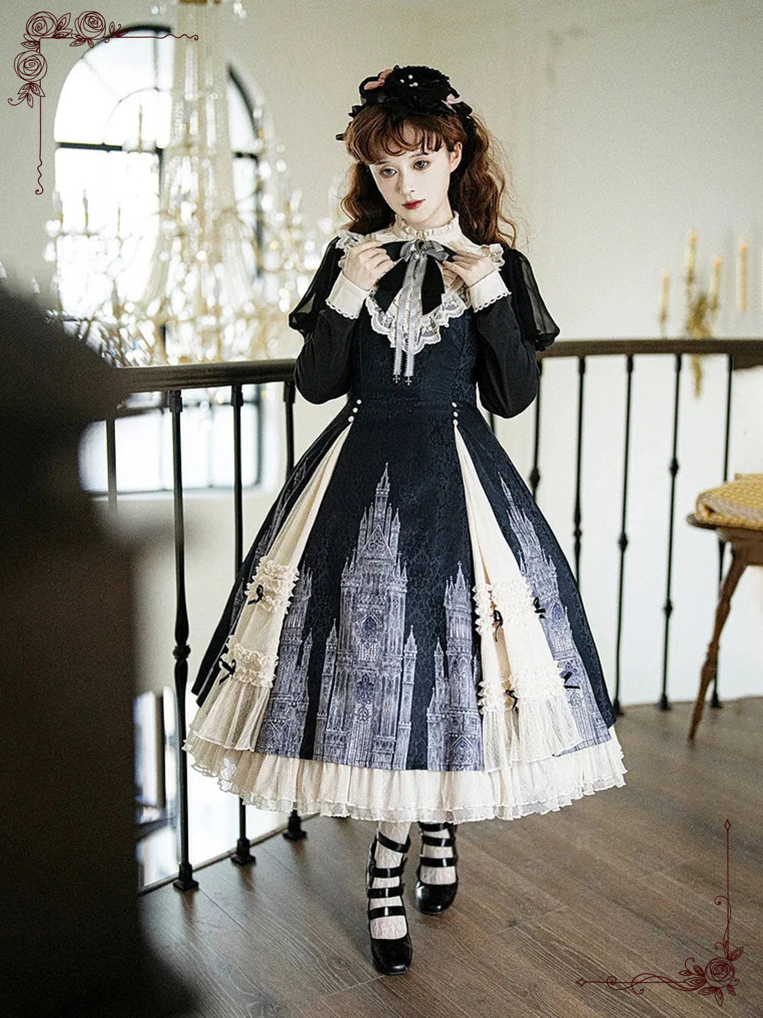 Black Gothic Lolita Long-Sleeved Maxi Elegant Ruffled Lace for Autumn