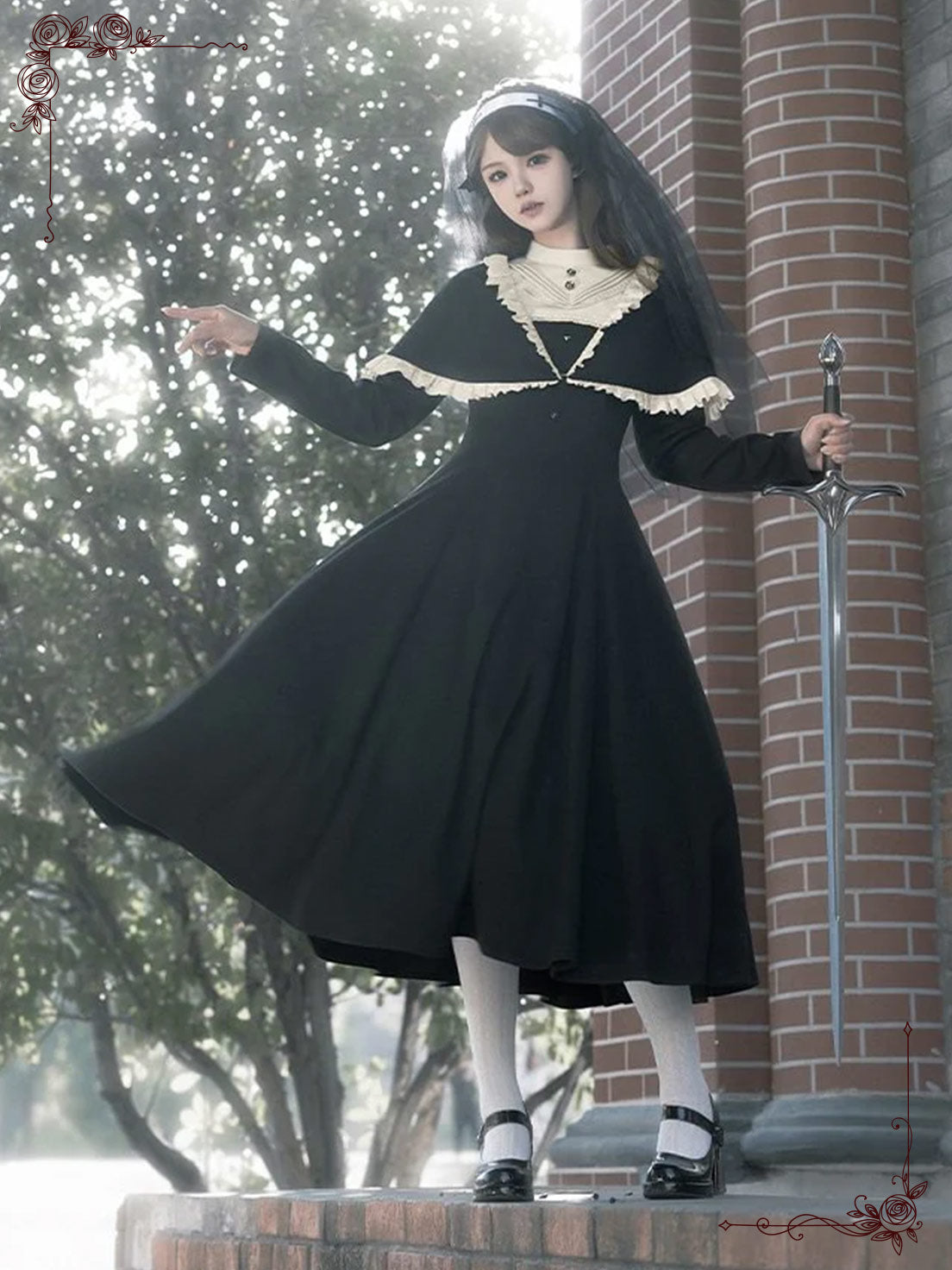 Black Gothic Nun Style Lolita Dress Elegant Long Sleeved Design for Autumn