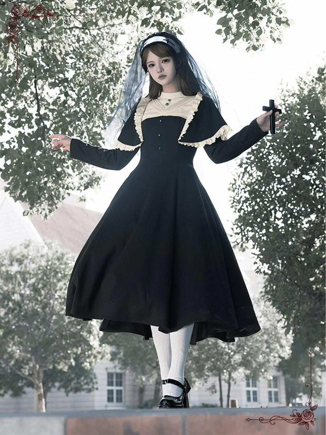 Black Gothic Nun Style Lolita Dress Elegant Long Sleeved Design for Autumn