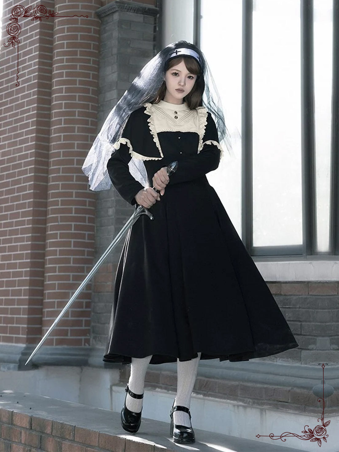 Black Gothic Nun Style Lolita Dress Elegant Long Sleeved Design for Autumn