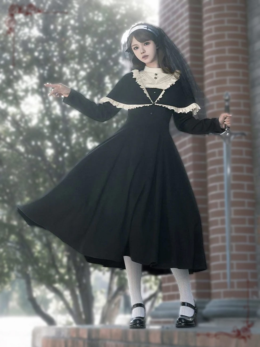 Black Gothic Nun Style Lolita Dress Elegant Long Sleeved Design for Autumn