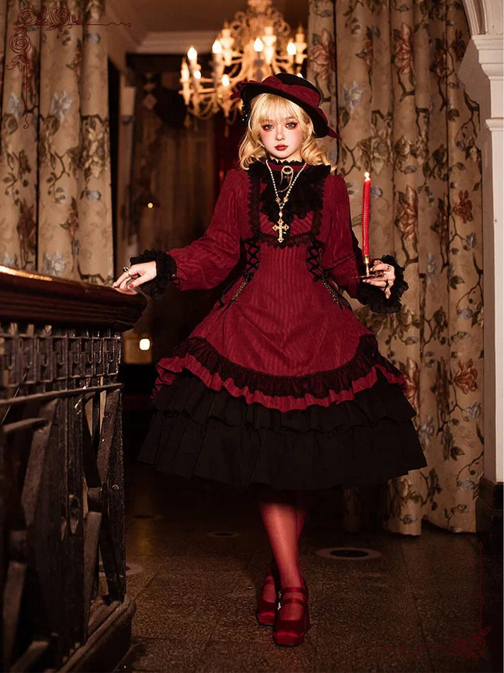 Black Red Gothic Victorian Dress Elegant Lolita OP for Vintage Inspire Looks