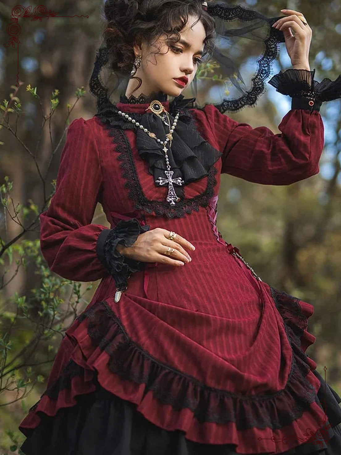 Black Red Gothic Victorian Dress Elegant Lolita OP for Vintage Inspire Looks