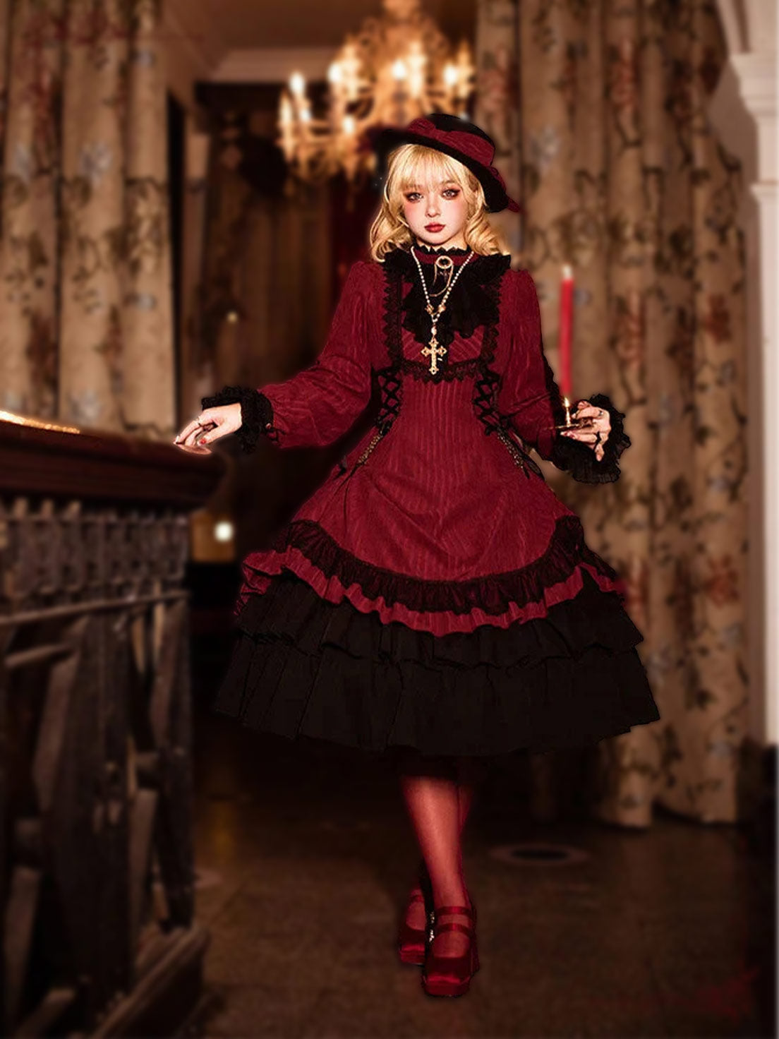 Black Red Gothic Victorian Dress Elegant Lolita OP for Vintage Inspire Looks