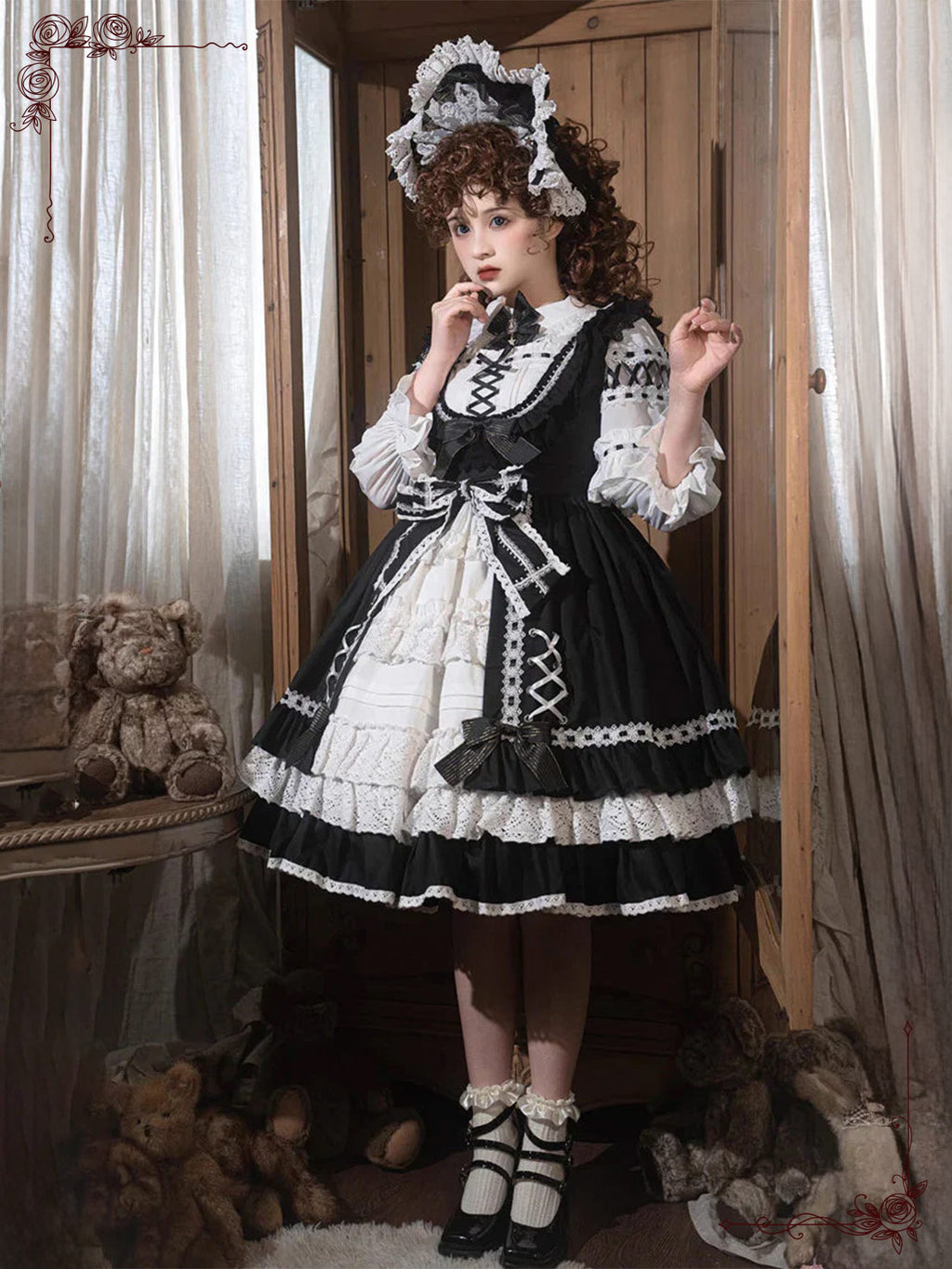 Black White Classic Lolita Layer Ruffled with Bow Accents Delicate Lace Dress