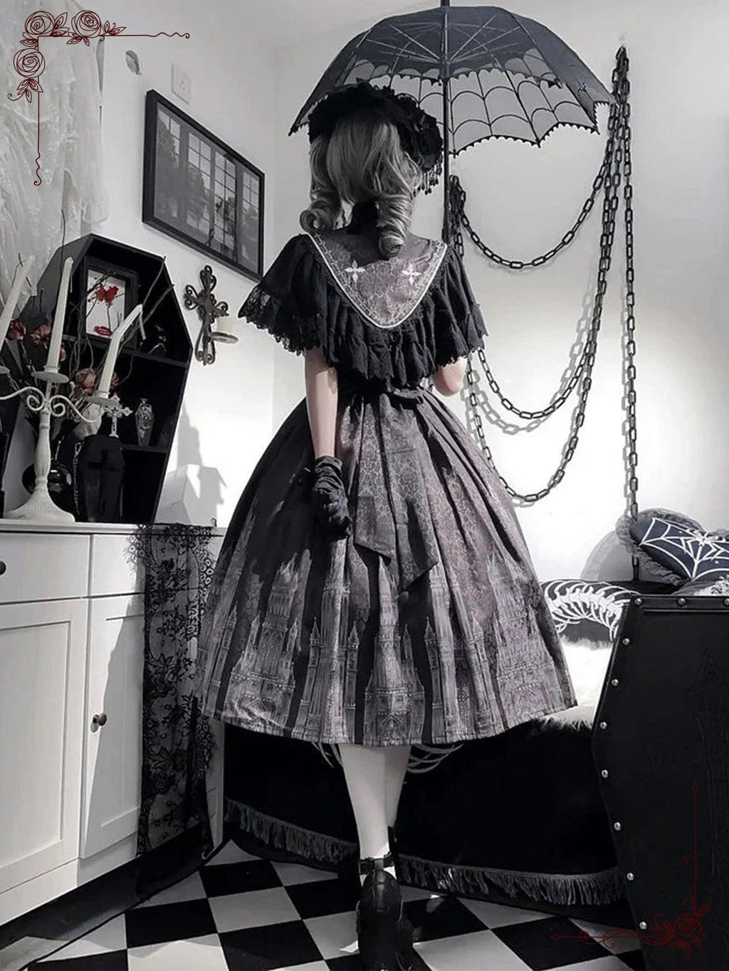 Black White Gothic Lolita Elegant Printed Cape Dress Rococo Vintage Style