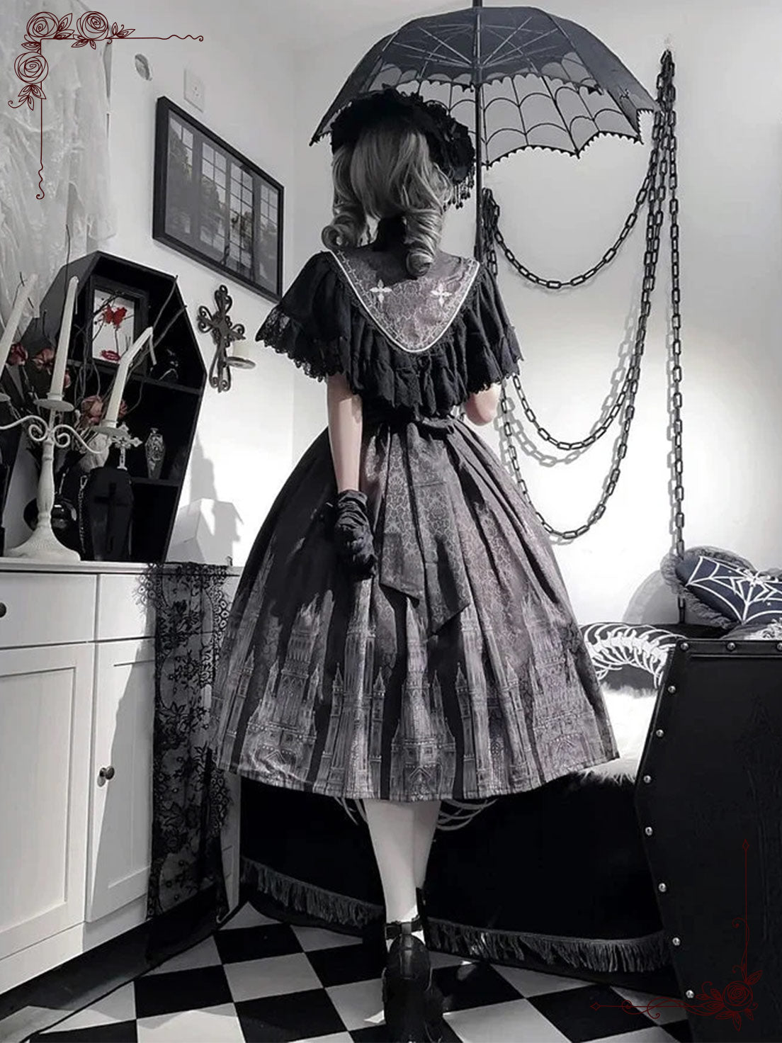 Black White Gothic Lolita Elegant Printed Cape Dress Rococo Vintage Style