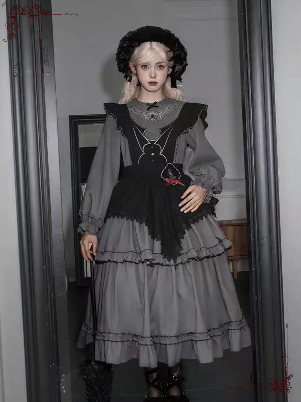 Gray Gothic Lolita Three-Tier Embroider Details Flared Silhouette Long Dress