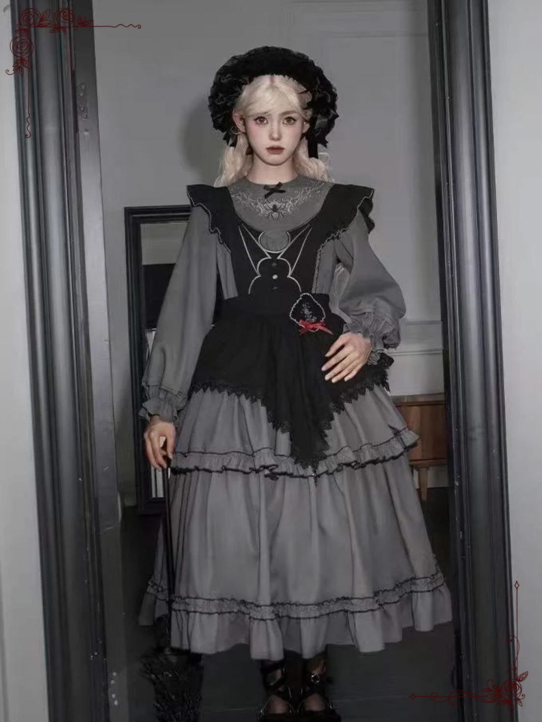 Gray Gothic Lolita Three-Tier Embroider Details Flared Silhouette Long Dress