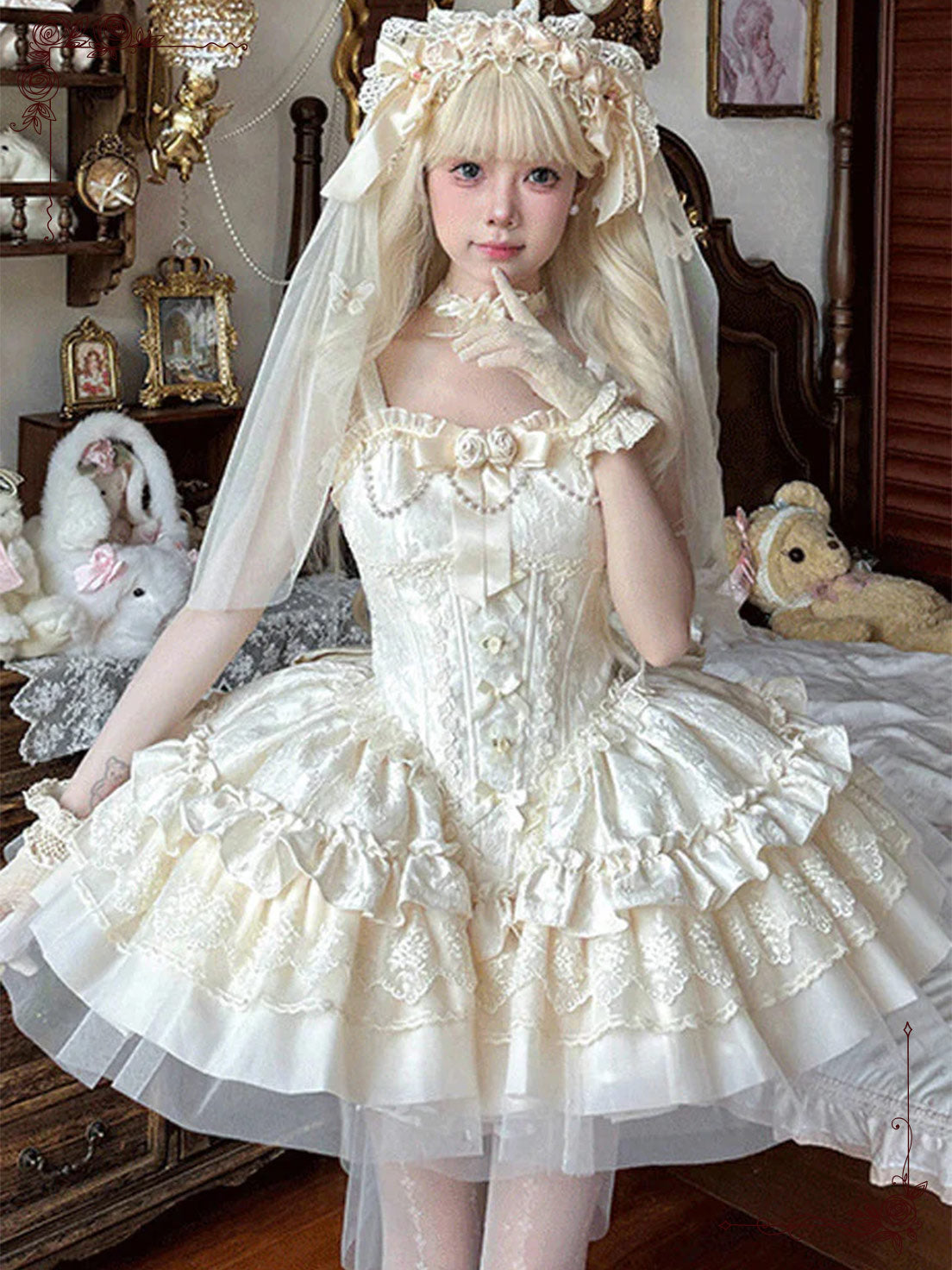 Ivory Sweet Lolita Princess with Lush Layer Ruffles Bowknot Lace Dress