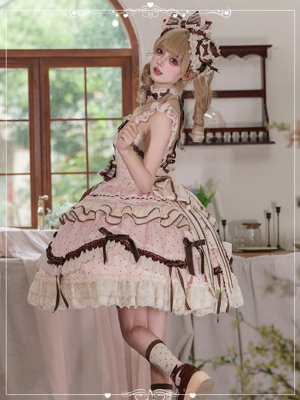 Pink Sweet Lolita Princess Cake Dress with Printed Ruffles Bowknot Delicate Lace-Up