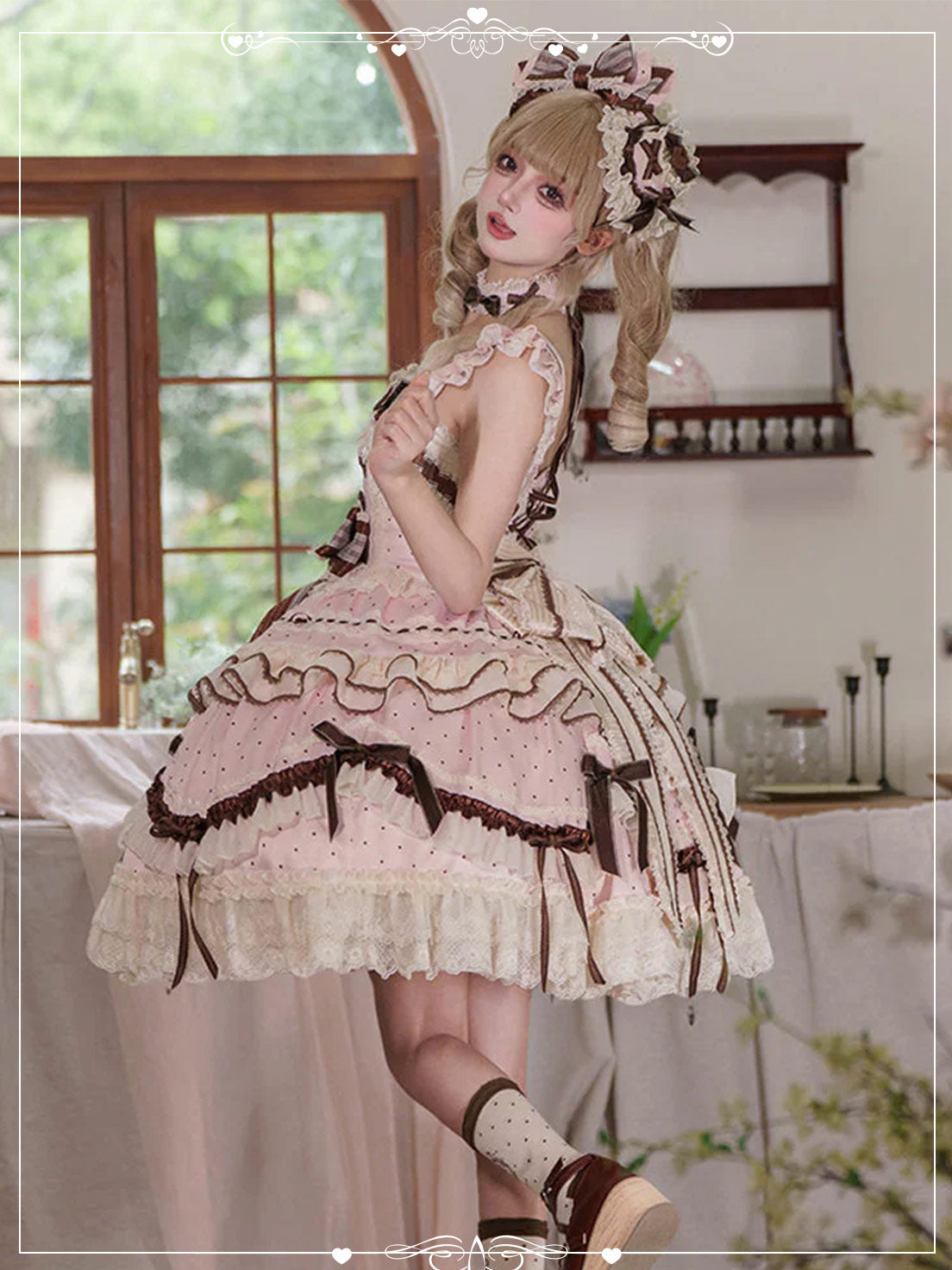 Pink Sweet Lolita Princess Cake Dress with Printed Ruffles Bowknot Delicate Lace-Up