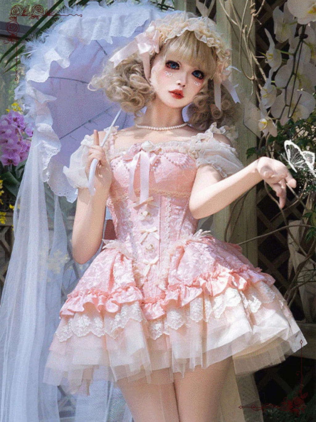 Sweet Lolita Pink Princess  Multi-Layer Ruffles Bow Lace Tie-Up Dress