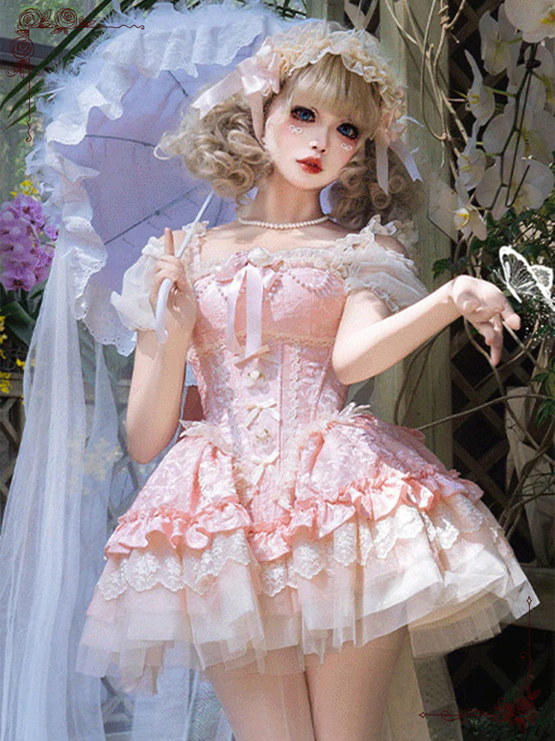 Sweet Lolita Pink Princess  Multi-Layer Ruffles Bow Lace Tie-Up Dress