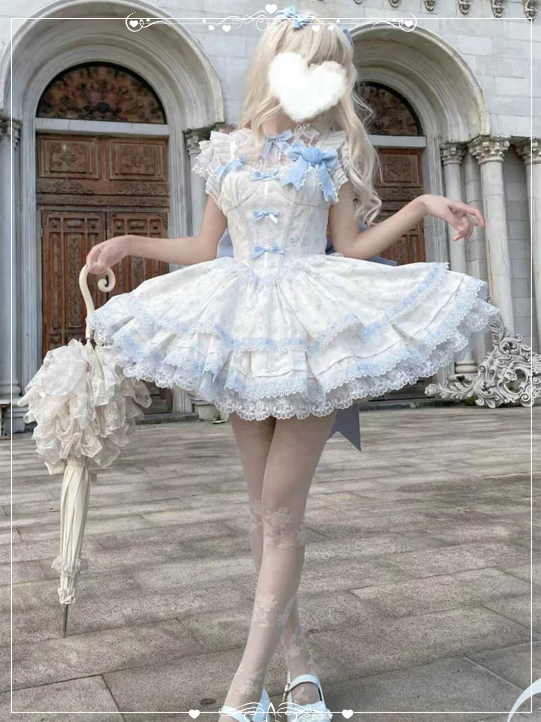 Sweet Lolita Blue Floral JSK Dress Layer Ruffles with Lace Trim Coord Set