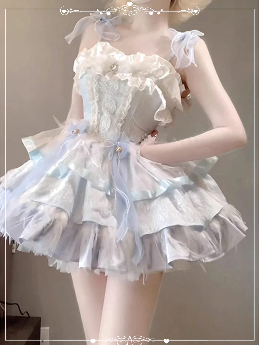 Sweet Lolita Light Blue Gradient Dress Ruffled Trim Shoulder Bows Pearl Accents