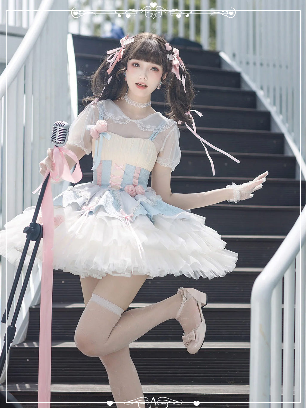 Sweet Lolita Pink Blue Ruffled Dress Lace Trim with3D Rose Embellishments