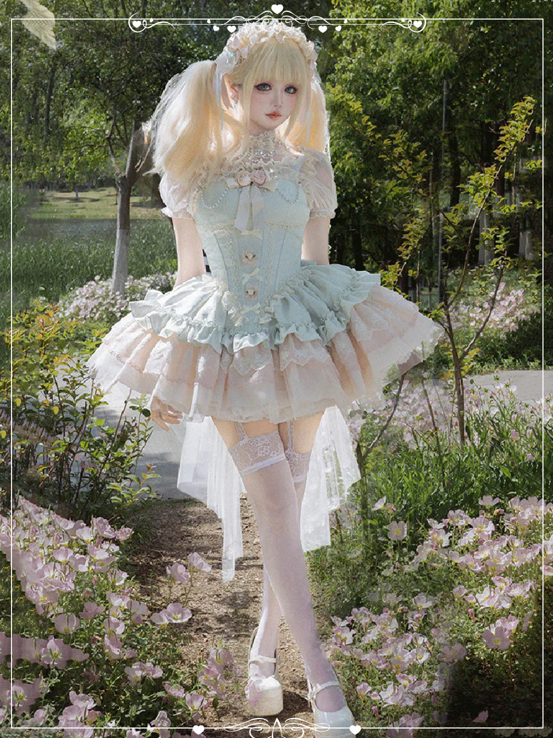 Sweet Princess Green  with Multi Layer Ruffles Delicate Bowknot Lace Dress