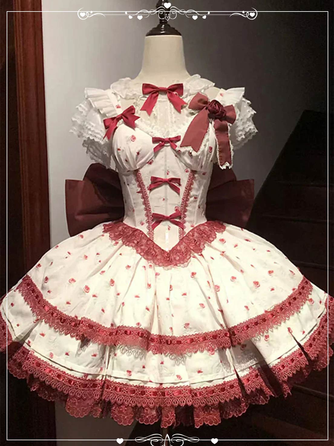Sweet Lolita Wine Red Multi Layer Ruffle with Printed Bowknot Lace Dress